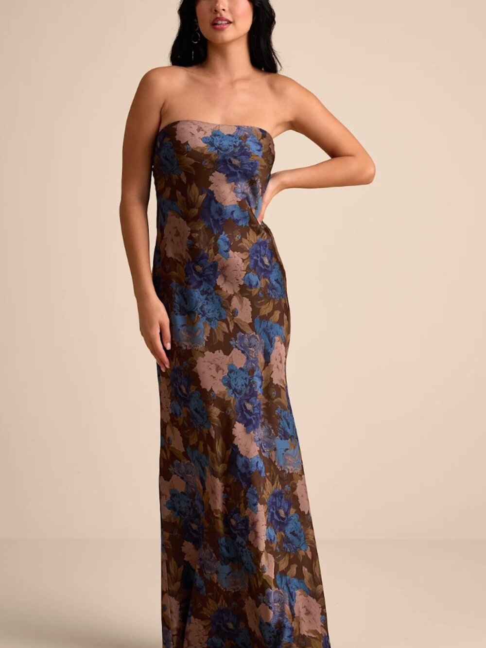 NWT Artemisia Brown Multi Floral Strapless Bow Maxi Dress - Picture 6 of 9